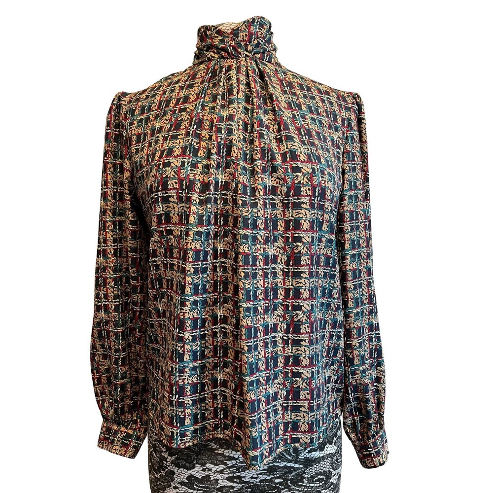 Vintage 80s Chain Link Blouse Black Gold Long Sleeve‎ High Neck Puff Shoulder 10
